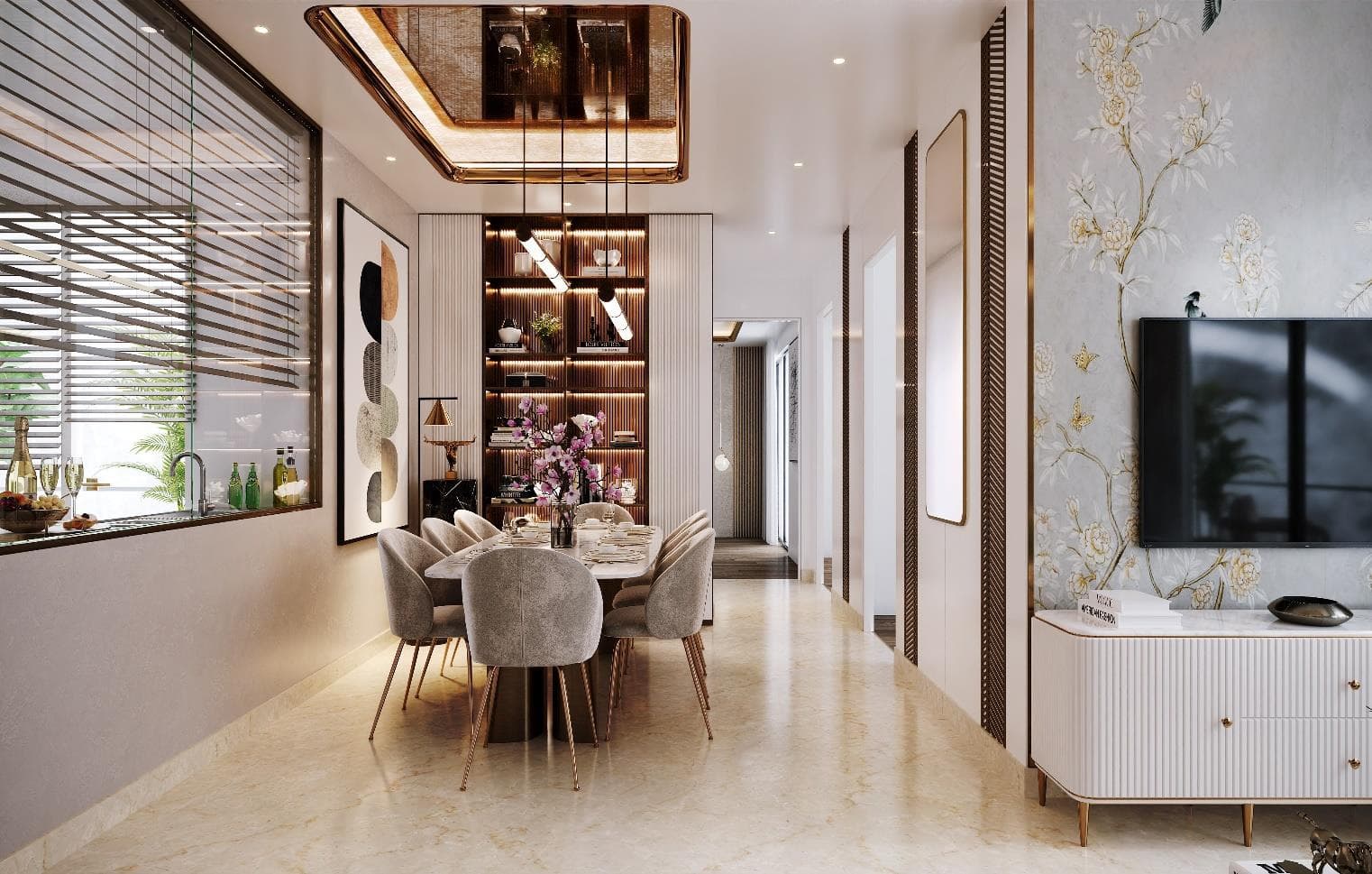 Imported marble flooring in living & dining — brochure imagery — M3M Crown
