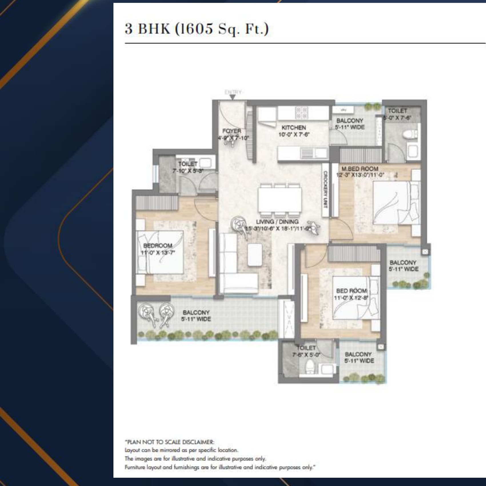 Floor plan as printed in the brochure — 3 BHK, 1605 sq. ft.