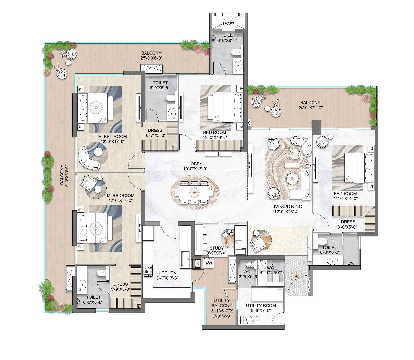 Floor plan — 4 BR + Study + Utility, 3745 sq. ft. — M3M St. Andrews