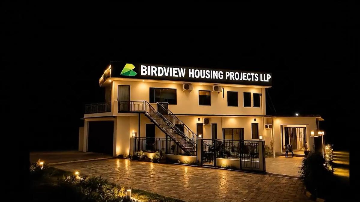 The Birdview Housing Projects LLP office at night, seen from the approach